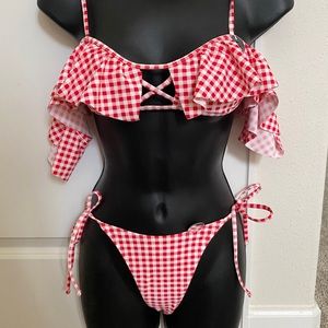 Red & White Gingham Ruffle Trim Bardot Bikini